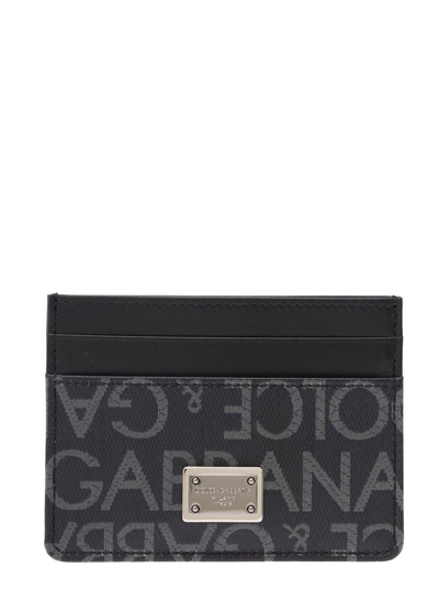 Dolce & Gabbana Black Card-holder With Logo Plaque And Print In Smooth Leather And Waxed Canvas Man In Grey