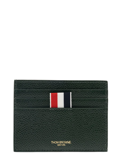 Thom Browne Single Card Holder W/ Note Compartment U0026 4 Bar In Pebble Grain Leather In Green