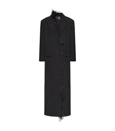 Valentino Feather-trim Long Wool Coat In Black