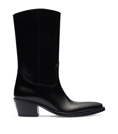 Prada Block-heel Leather Cowboy Boots In Black