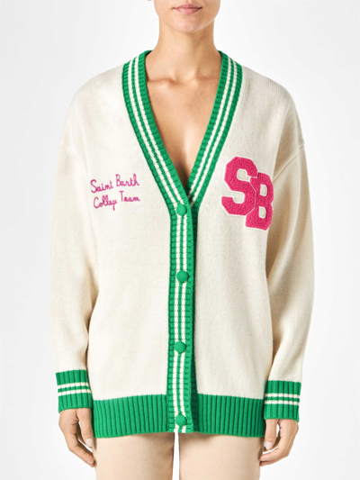 Mc2 Saint Barth Woman White Cardigan With Embroidery In Green
