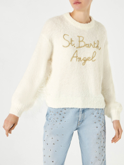 Mc2 Saint Barth Woman White Brushed Crewneck Sweater With Fringes