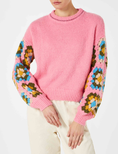 Mc2 Saint Barth Woman Ultra Soft Crewneck Sweater With Handmade Crochet Sleeves In Pink