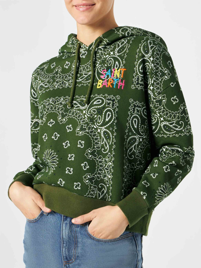 Mc2 Saint Barth Woman Hooded Fleece Sweatshirt With Bandanna Print In Green