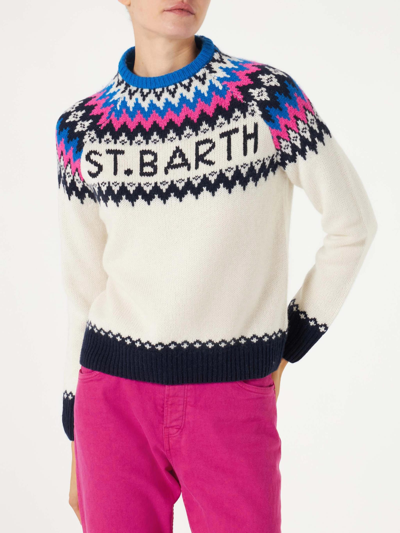 Mc2 Saint Barth Woman Crewneck Nordic Jacquard Sweater In White