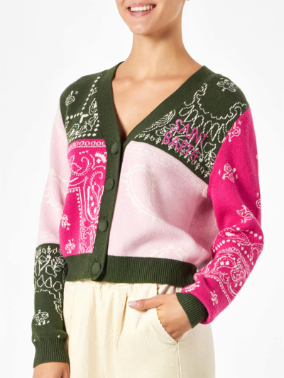 Mc2 Saint Barth Woman Cropped Cardigan With Bandanna Print In Green