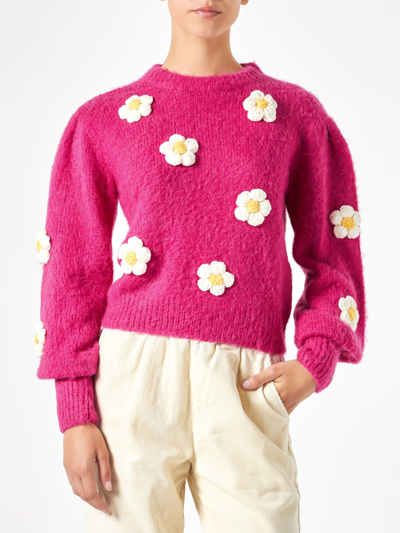 Mc2 Saint Barth Woman Brushed Sweater With Crochet Flowers Appliqués In Pink