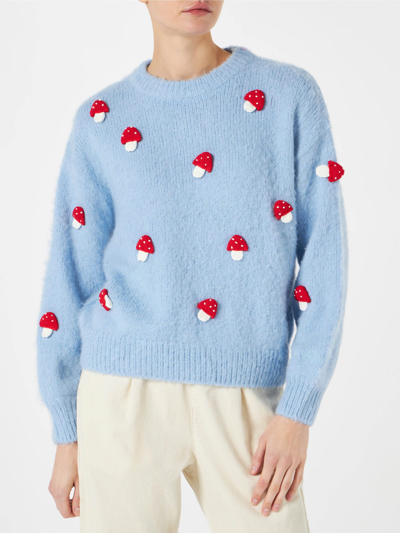 Mc2 Saint Barth Woman Brushed Crewneck Sweater With Mushroom Appliqué In Sky