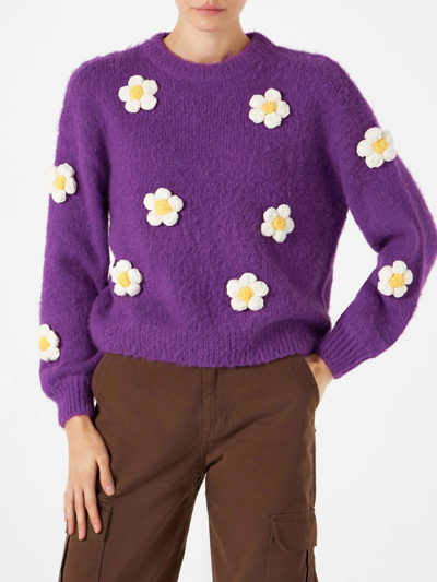 Mc2 Saint Barth Woman Brushed Crewneck Sweater With Daisy Appliqué In Purple