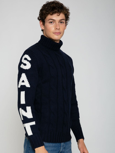 Mc2 Saint Barth Man Navy Blue Cable Knit Sweater Fisherman With Saint Barth Jacquard In Bunt