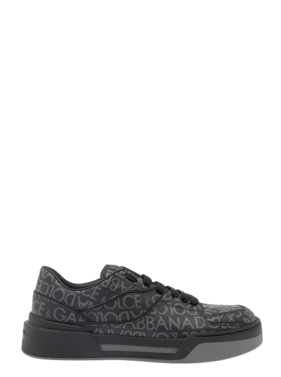 DOLCE & GABBANA NEW ROMA BLACK LOW TOP SNEAKERS WITH ALL-OVER LOGO PRINT IN CANVAS AND LEATHER MAN