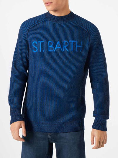Mc2 Saint Barth Man Half-turtleneck Ribbed Blue Sweater