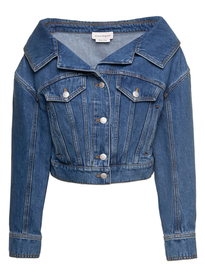 Alexander Mcqueen Open Collar Denim Jacket In Blue