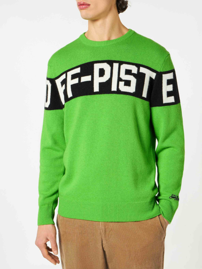 Mc2 Saint Barth Man Fluo Green Sweater With Off-piste Lettering