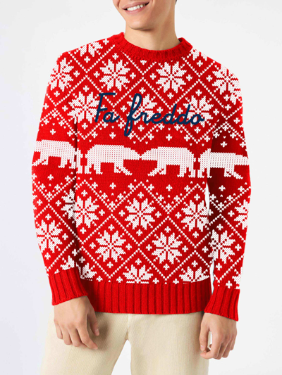 Mc2 Saint Barth Man Crewneck Sweater With Fa Freddo Lettering In Red