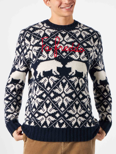 Mc2 Saint Barth Man Crewneck Sweater With Norwegian Pattern In Blue