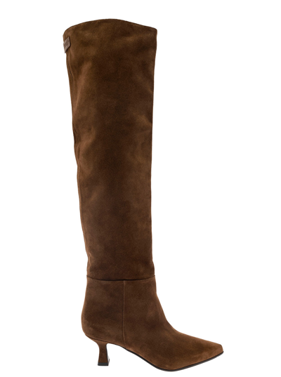 3JUIN BEA BROWN POINTED HIGH-BOOTS WITH LOGO PATCH IN SUEDE WOMAN