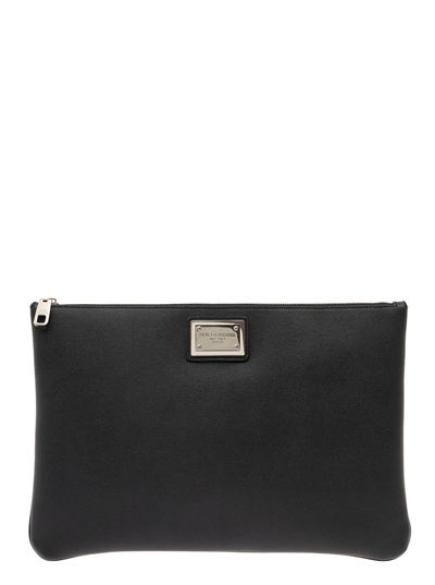 Dolce & Gabbana Black Clutch With Logo Plaque In Hammered Leather Man