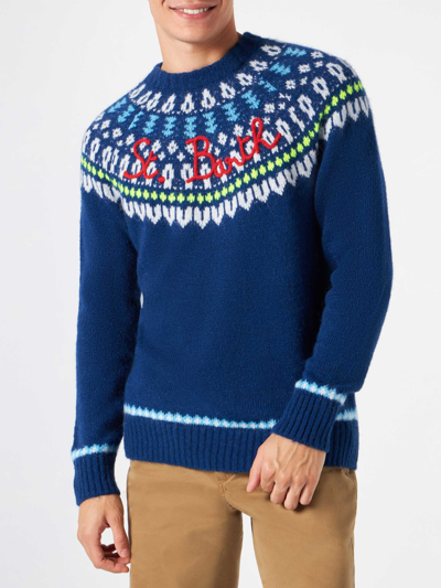 Mc2 Saint Barth Man Brushed Sweater With Icelandic Jacquard In Blue