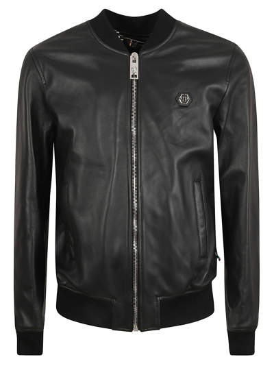 Philipp Plein Billy Leather Bomber Jacket In Black