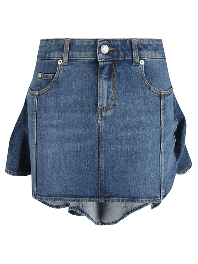Alexander Mcqueen Asymmetric Tri Pocket Short Denim Skirt In Blue Stone Wash
