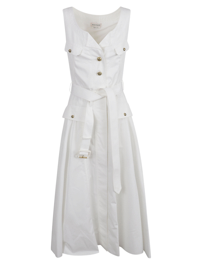 Alexander Mcqueen Belted Cotton-poplin Midi Dress In White