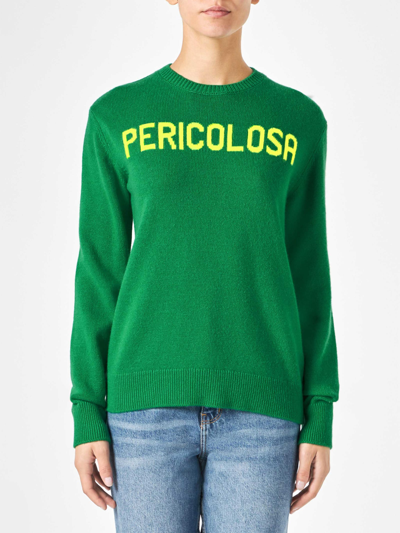 Mc2 Saint Barth Woman Sweater With Pericolosa Lettering Niki Dj Special Edition In Green
