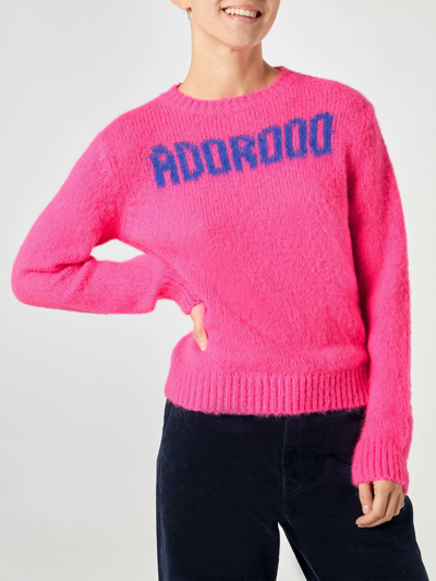 Mc2 Saint Barth Woman Fluo Pink Brushed Sweater With Adorooo Print