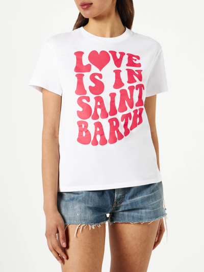 Mc2 Saint Barth Woman Cotton T-shirt With Love Is In Saint Barth Lettering In White