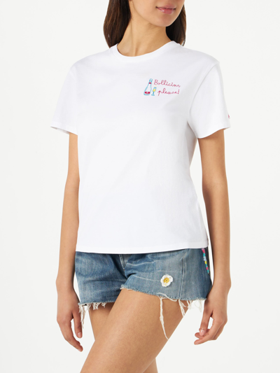 Mc2 Saint Barth Woman Cotton T-shirt With Bollicine Please! Embroidery In White