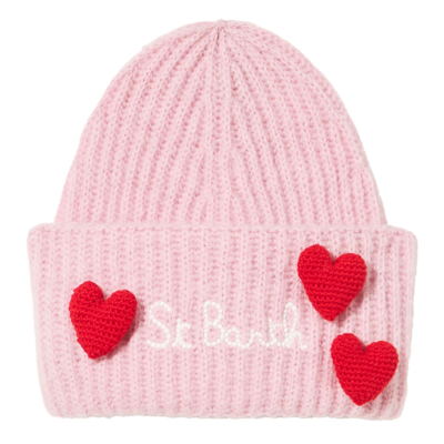 Mc2 Saint Barth Woman Brushed And Ultra Soft Beanie With Hearts Appliqués In Pink