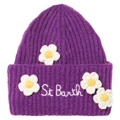 Mc2 Saint Barth Woman Brushed And Ultra Soft Beanie With Daisies Appliqués In Purple