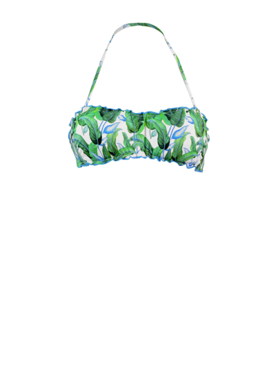 Mc2 Saint Barth Woman Bandeau Top Swimsuit With Tropical Print In Green