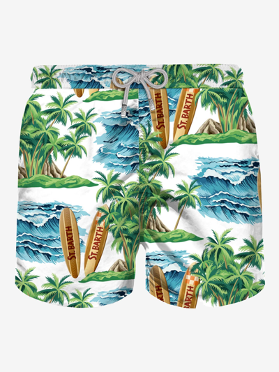 Mc2 Saint Barth Mid-length Swim Shorts With Hawaiian Print In White
