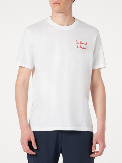 Mc2 Saint Barth Man Cotton T-shirt With St. Barth Island Print In White
