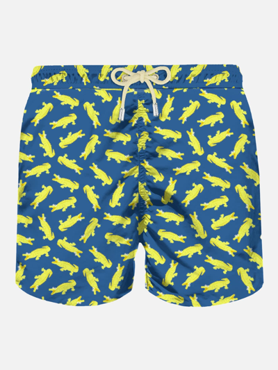 Mc2 Saint Barth Man Swim Shorts With Crocodile Print In Blue