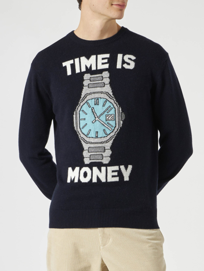 Mc2 Saint Barth Man Sweater With Time Is Money Embroidery In Blue
