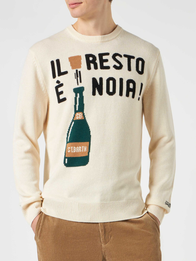 Mc2 Saint Barth Man Sweater With Il Resto È Noia! Embroidery In White
