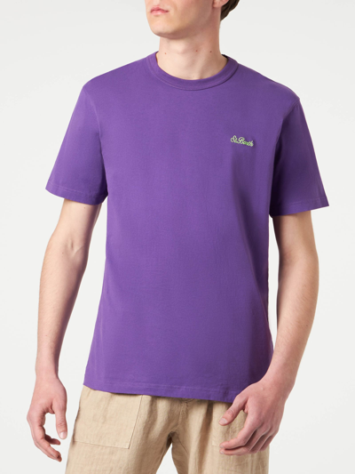 Mc2 Saint Barth Man Purple Cotton T-shirt With Embroidery In Pink