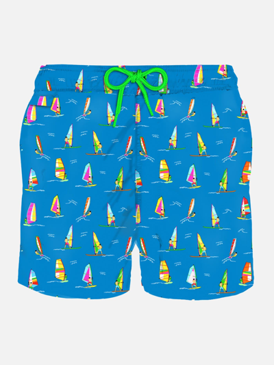 Mc2 Saint Barth Man Light Fabric Swim Shorts With Windsurf Print In Sky