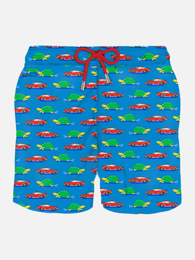 Mc2 Saint Barth Man Light Fabric Swim Shorts With Turtle And Car Print In Blue
