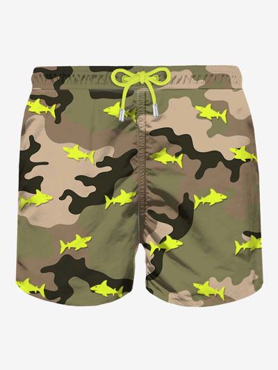 Mc2 Saint Barth Man Light Fabric Swim Shorts With Sharks Embroidery In Green