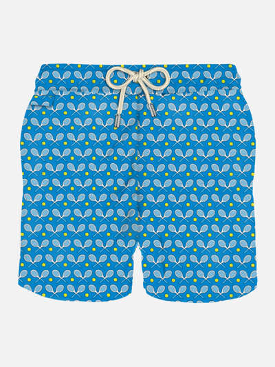 Mc2 Saint Barth Man Light Fabric Swim Shorts With Rackets Print In Blue