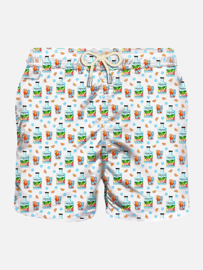 Mc2 Saint Barth Man Light Fabric Swim Shorts With Gin Print Portofino Dry Gin Special Edition In White