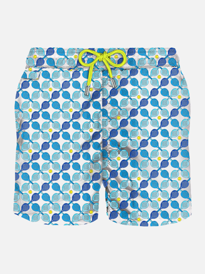 Mc2 Saint Barth Man Light Fabric Swim Shorts With Padel Rackets Print In White