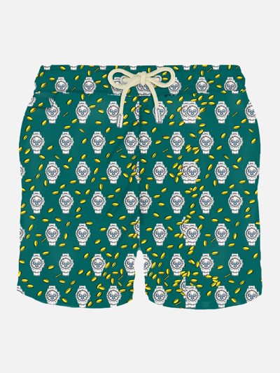 Mc2 Saint Barth Man Light Fabric Swim Shorts With Money And Swatch Print In Green
