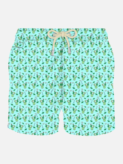 Mc2 Saint Barth Man Light Fabric Swim Shorts With Elephant Print In Green