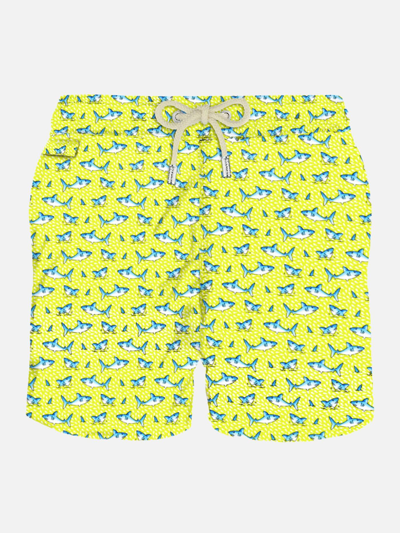 Mc2 Saint Barth Man Light Fabric Swim Shorts With Micro Sharks Print In Yellow