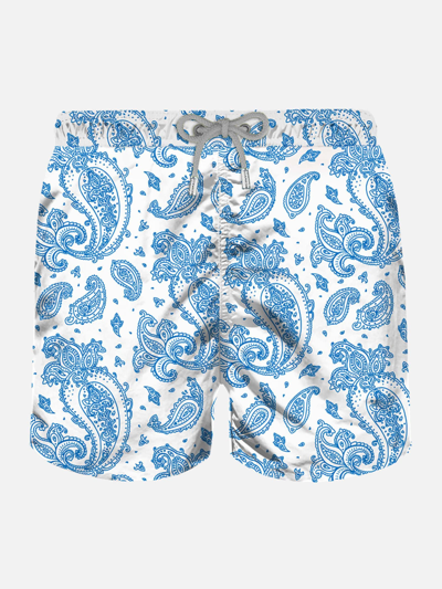 Mc2 Saint Barth Man Light Fabric Swim Shorts With Light Blue Paisley Print In White