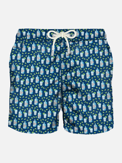Mc2 Saint Barth Man Light Fabric Swim Shorts With Gin Print Gin Mare Special Edition In Blue